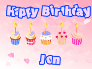 Happy Birthday Jon GIF: Pink animated birthday gif with 5 cupcakes and candles and animated text you can customize with name.