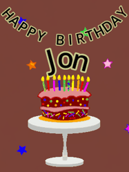 Happy Birthday Jon GIF: Animated birthday gif of a chocolate cartoon cake and stars. Animated text can be customized with name.
