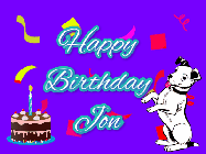 Happy Birthday Jon GIF: Silly happy birthday gif with a cute dog in a corner and rainbow animation confetti. Birthday cake in order with candle.