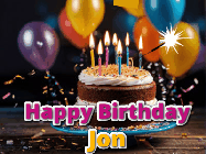 Happy Birthday Jon GIF: A birthday cake with flickering candles gif with text reading Happy Birthday and a Name slot to customize