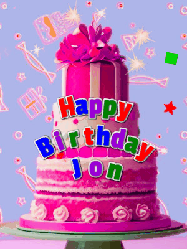 Happy Birthday Jon GIF: A big beautiful birthday cake gif with falling confetti, sparklers, and balloons, reads Happy Birthday Name. Customize it.