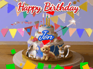 Happy Birthday Jon GIF: Happy Birthday Cake GIF with a cat, lamb, and squirrel on the cake with flickering candles, a sparkler, and falling confetti. Reads Happy Birthday Name and you can customize the name