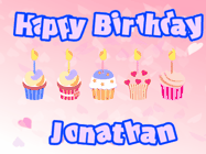 Happy Birthday Jonathan GIF: Pink animated birthday gif with 5 cupcakes and candles and animated text you can customize with name.