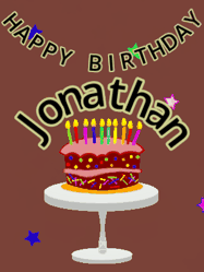 Happy Birthday Jonathan GIF: Animated birthday gif of a chocolate cartoon cake and stars. Animated text can be customized with name.