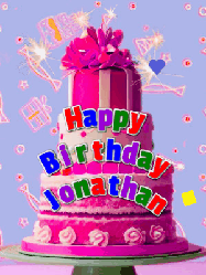 Happy Birthday Jonathan GIF: A big beautiful birthday cake gif with falling confetti, sparklers, and balloons, reads Happy Birthday Name. Customize it.