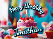 Happy Birthday Jonathan GIF: Animated Happy Birthday Gif reading Happy Birthday Customize. Depicts a colorful birthday with flickering candles and glitter.
