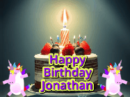 Happy Birthday Jonathan GIF: An animated gif with 2 unicorns and a birthday candle on a cake.