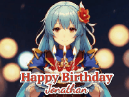 Happy Birthday Jonathan GIF: Anime girl holding a birthday cake and an animated sword falls into it. Text reads Happy Birthday Customize