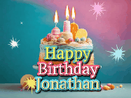 Happy Birthday Jonathan GIF: A colorful animated Happy Birthday Cake GIF with swirling sparkles and flickering candles. It reads Happy Birthday Name