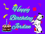 Happy Birthday Jordan GIF: Silly happy birthday gif with a cute dog in a corner and rainbow animation confetti. Birthday cake in order with candle.