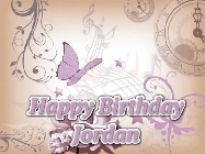Happy Birthday Jordan GIF: Classical birthday gif background with colorful musical notes floating past and a name you can customize, reads Happy Birthday.