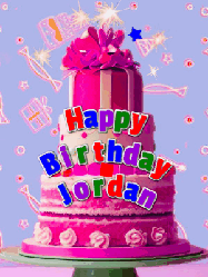 Happy Birthday Jordan GIF: A big beautiful birthday cake gif with falling confetti, sparklers, and balloons, reads Happy Birthday Name. Customize it.