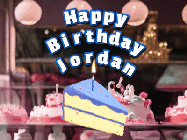 Happy Birthday Jordan GIF: A cake shop background with a slice of cake and animated candle reading Happy Birthday Customize.
