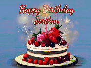 Happy Birthday Jordan GIF: Animated GIF of a birthday cake covered in berries with 2 sparklers and a candle, reads Happy Birthday Name. Customize it.
