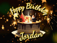 Happy Birthday Jordan GIF: Bursting stars fall past a birthday cake in this animated birthday gif with name you can customize. Dark background.