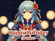 Happy Birthday Jordan GIF: Anime girl holding a birthday cake and an animated sword falls into it. Text reads Happy Birthday Customize