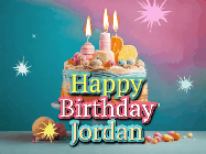 Happy Birthday Jordan GIF: A colorful animated Happy Birthday Cake GIF with swirling sparkles and flickering candles. It reads Happy Birthday Name