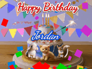 Happy Birthday Jordan GIF: Happy Birthday Cake GIF with a cat, lamb, and squirrel on the cake with flickering candles, a sparkler, and falling confetti. Reads Happy Birthday Name and you can customize the name