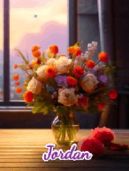 Happy Birthday Jordan GIF: A vase of flowers and animated hearts pop in and out as the words Happy Birthday Name appears that you can customize