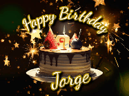 Happy Birthday Jorge GIF: Bursting stars fall past a birthday cake in this animated birthday gif with name you can customize. Dark background.