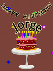 Happy Birthday Jorge GIF: Animated birthday gif of a chocolate cartoon cake and stars. Animated text can be customized with name.