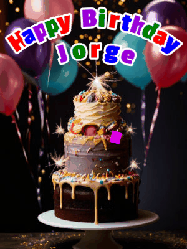 Happy Birthday Jorge GIF: Beautiful birthday cake animated gif, a celebration of balloons, confetti, and sparklers. Customize banner and name.