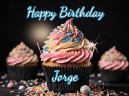 Happy Birthday Jorge GIF: A delicious cupcake gif with animated sparkles reading Happy Birthday with a name to customize