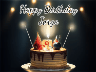 Happy Birthday Jorge GIF: Animated birthday cake gif with sparklers on a dark background. Personalize up to 3 lines of text.