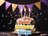 Happy Birthday Jorge GIF: Happy birthday cake animated gif with flickering candles, animated text, and falling confetti. Customize text reading Happy Birthday Customize.