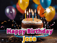 Happy Birthday Jose GIF: A birthday cake with flickering candles gif with text reading Happy Birthday and a Name slot to customize