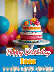 Happy Birthday Jose GIF: A birthday card gif with a cake and candle and a blue ribbon with animated sparklers. Reads Happy Birthday Name