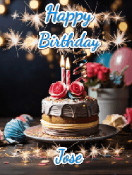 Happy Birthday Jose GIF: Sparkles and glitter happy birthday gif with a cake and flickering candles and sparklers behind the words happy birthday customize