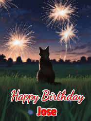Happy Birthday Jose GIF: An animated gif at night showing the backside of a sitting cat who watches sparkle and fireworks over a meadow. Customize name and happy birthday.