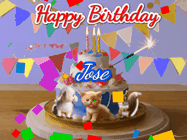 Happy Birthday Jose GIF: Happy Birthday Cake GIF with a cat, lamb, and squirrel on the cake with flickering candles, a sparkler, and falling confetti. Reads Happy Birthday Name and you can customize the name