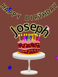Happy Birthday Joseph GIF: Animated birthday gif of a chocolate cartoon cake and stars. Animated text can be customized with name.