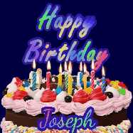 Happy Birthday Joseph GIF: A dark blue birthday gif with a beautiful cake with flickering candles, background sparkles and a name to customize.