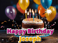 Happy Birthday Joseph GIF: A birthday cake with flickering candles gif with text reading Happy Birthday and a Name slot to customize