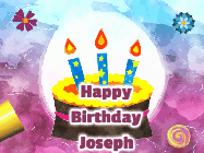 Happy Birthday Joseph GIF: Customize name and greeting of this birthday gif with a watercolor birthday cake and animated horn blowing confetti.