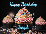 Happy Birthday Joseph GIF: A delicious cupcake gif with animated sparkles reading Happy Birthday with a name to customize