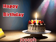 Happy Birthday Joseph GIF: A funny animated happy birthday gif where a horn blows confetti and cake candles ignite some of the confetti that falls.