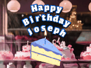 Happy Birthday Joseph GIF: A cake shop background with a slice of cake and animated candle reading Happy Birthday Customize.