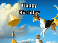 Happy Birthday Joseph GIF: A silly Dali inspired birthday gif greeting with a swinging cat, onlooking dog, birthday cakes, name to cusotmize.