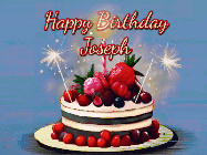 Happy Birthday Joseph GIF: Animated GIF of a birthday cake covered in berries with 2 sparklers and a candle, reads Happy Birthday Name. Customize it.