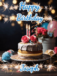 Happy Birthday Joseph GIF: Sparkles and glitter happy birthday gif with a cake and flickering candles and sparklers behind the words happy birthday customize