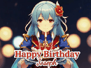 Happy Birthday Joseph GIF: Anime girl holding a birthday cake and an animated sword falls into it. Text reads Happy Birthday Customize