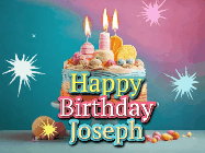 Happy Birthday Joseph GIF: A colorful animated Happy Birthday Cake GIF with swirling sparkles and flickering candles. It reads Happy Birthday Name