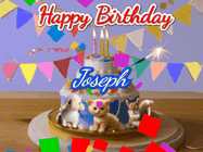 Happy Birthday Joseph GIF: Happy Birthday Cake GIF with a cat, lamb, and squirrel on the cake with flickering candles, a sparkler, and falling confetti. Reads Happy Birthday Name and you can customize the name