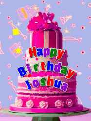 Happy Birthday Joshua GIF: A big beautiful birthday cake gif with falling confetti, sparklers, and balloons, reads Happy Birthday Name. Customize it.