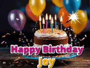 Happy Birthday Joy GIF: A birthday cake with flickering candles gif with text reading Happy Birthday and a Name slot to customize