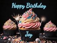 Happy Birthday Joy GIF: A delicious cupcake gif with animated sparkles reading Happy Birthday with a name to customize